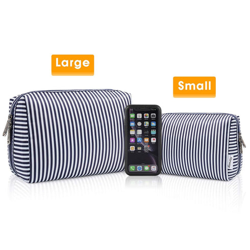 Narwey Cute Makeup Bag, Travel Cosmetic Organizer with Compartments for Women and Girls (Large, Blue Stripe)