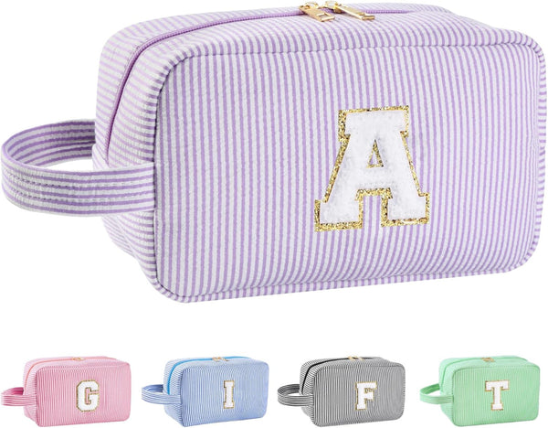 Personalized A-Z Initial Makeup Bag, Monogram Travel Toiletry Bag, Cute Cosmetic Pouch for Women Teen Girls (Purple, A)