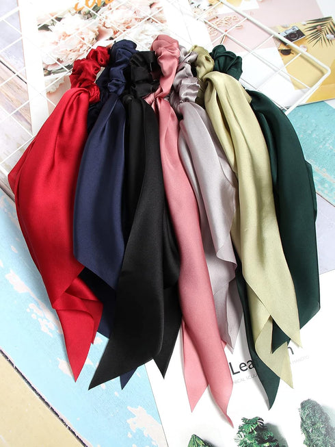 SUSULU Hair Scarf Scrunchies for Women, Solid Color Fabric Hair Ties with Bow, Pack of 8pcs
