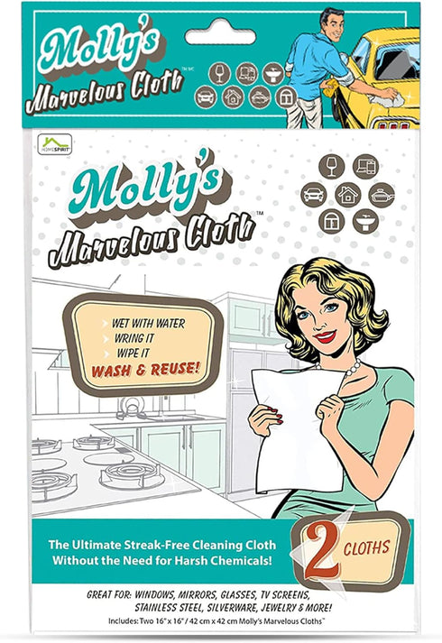 Molly's Marvelous Cloth, Streak-Free Microfiber Cleaning Cloth for Glass, Stainless Steel, Kitchen, Bath, Cars, 2pk