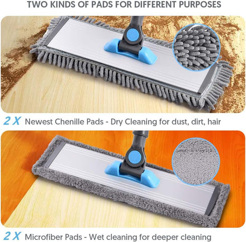 Microfiber Dust Mop for Hardwood Floors - MANGOTIME Dry Floor Mop for Floor Cleaning Hardwood Wood Tile Vinyl Laminate, Wet Flat Mop with 4 Washable Reusable Microfiber Pads and Aluminum Mop Head