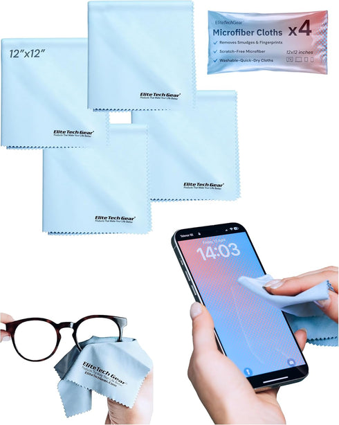 Elite Tech Gear Microfiber Cloth Set - 4-Pack, 12"x12" Washable Wipes for Glasses, Lenses, Electronics & Screens