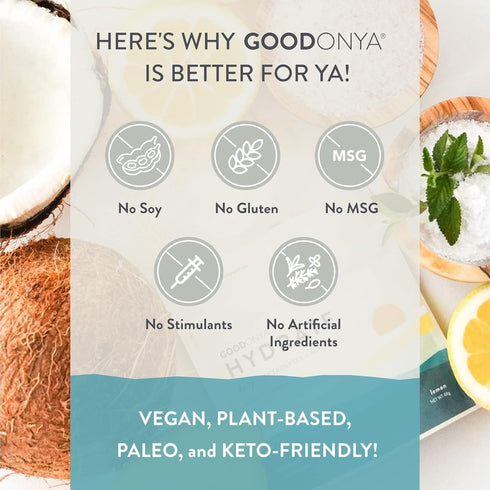 GOODONYA Hydrate Organic Electrolyte Powder, 5.6oz, 20 Servings, No Sugar Added, Real Lemon Juice, Coconut Water
