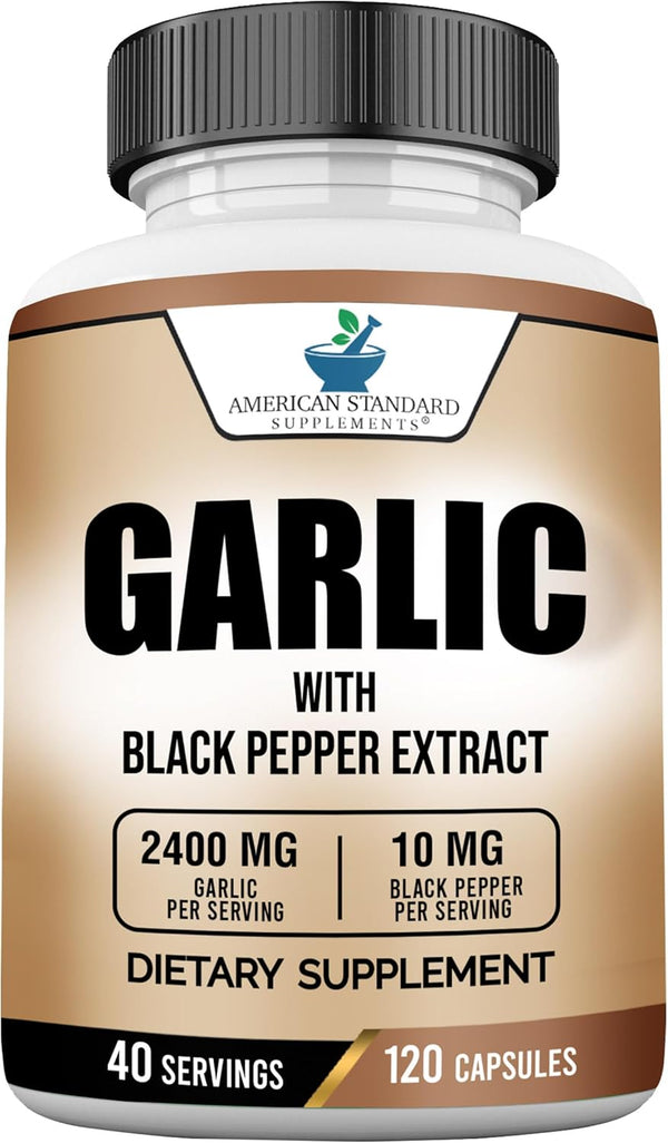 American Standard Supplements Garlic 2400mg with Black Pepper Extract - 120 Vegan Non-GMO Gluten Free Capsules, 40