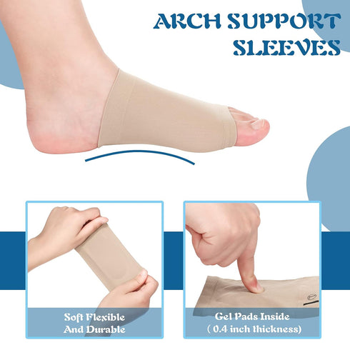 4 Pairs Compression Arch Support Sleeves with Gel Pad for Flat Foot Pain Relief, Cushioned Gel Foot Sleeves (Beige)