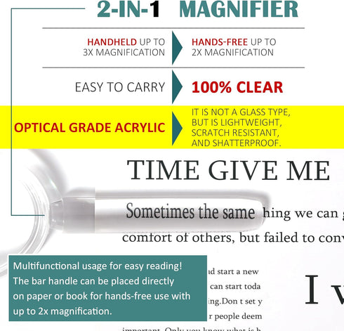 MAGDEPO 3X Handheld Magnifier, 2-in-1 Clear Acrylic Magnifying Glass with Bar Handle for Reading Small Prints