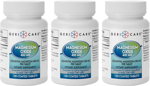 GeriCare Magnesium Oxide Supplement, 240 mg Elemental Magnesium, 120 Tablets, Pack of 3