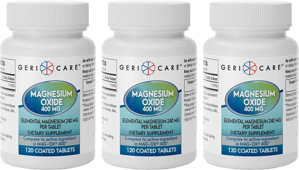GeriCare Magnesium Oxide Supplement, 240 mg Elemental Magnesium, 120 Tablets, Pack of 3
