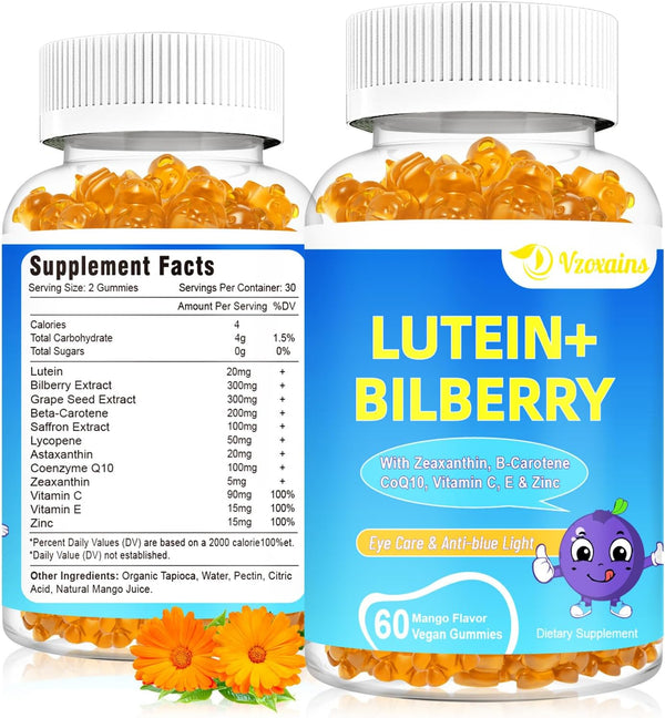 20mg Lutein & Zeaxanthin Gummies with Bilberry, Omega 3, Vitamin C, E - Sugar Free Eye Health Supplement for Adults &