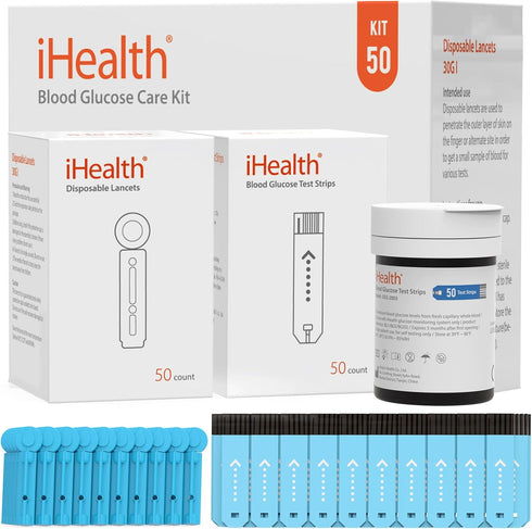 iHealth Blood Glucose Test Strips 50 Count, Lancets for Diabetes Management 50 Count, Compatible with Monitor