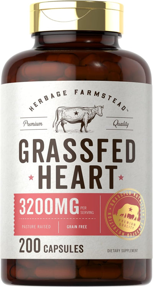 Carlyle Grass Fed Beef Heart Supplement | 3200mg | 200 Count | Desiccated Pasture Raised Bovine Capsules, Non-GMO