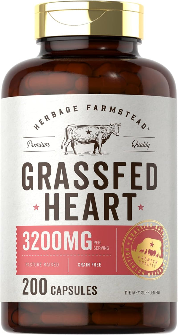 Carlyle Grass Fed Beef Heart Supplement | 3200mg | 200 Count | Desiccated Pasture Raised Bovine Capsules, Non-GMO