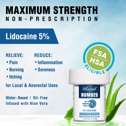 Ebanel 5% Lidocaine Numbing Cream for Pain Relief, Maximum Strength with Vitamin E