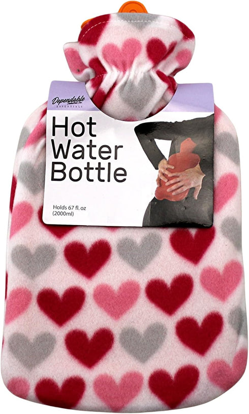 Classic Rubber Hot Water Bottle - Soft Plush Fleece Cover 2000ml for Pain Relief, Multi Hearts