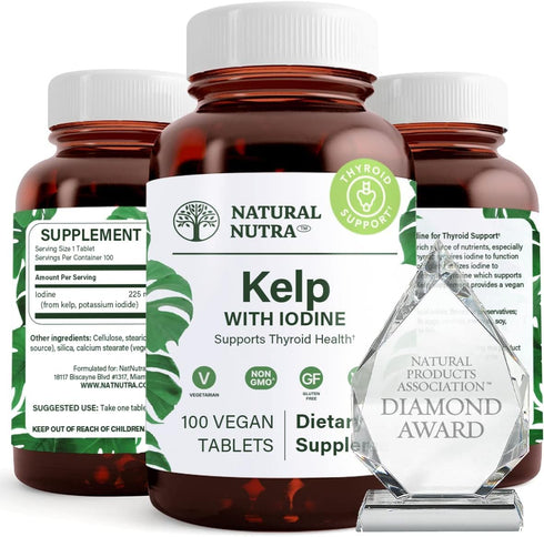 Natural Nutra Kelp Iodine Supplement, 225 mcg, 100 Tablets, Vegan Sea Kelp for Brain Health & Immune Support