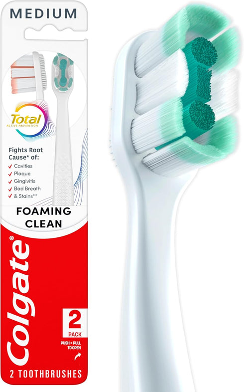 Colgate Total Active Prevention Foaming Clean Medium Toothbrushes, Medium Bristle Toothbrush Pack
