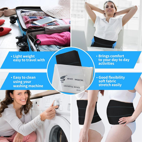 S Abdominal Binder Post Surgery, Elastic Waist Band for Stomach Support & Compression, 3 PANEL - 9" High BLACK