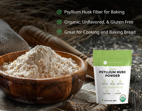 Kate Naturals Psyllium Husk Powder for Baking, Fiber & Digestion, 12oz, Organic, Gluten Free, Pet Safe