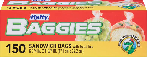 Hefty Baggies Food Storage Bags - Sandwich, Twist Tie, 150 Count