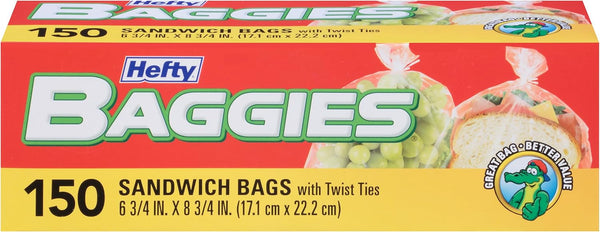 Hefty Baggies Food Storage Bags - Sandwich, Twist Tie, 150 Count