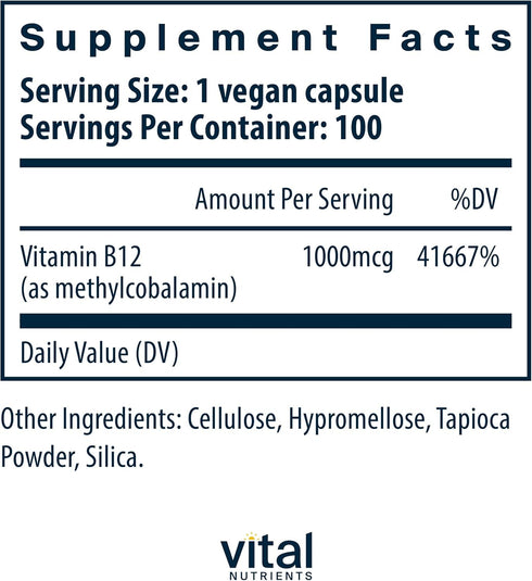 Vital Nutrients Vitamin B12 1000mcg | Vegan Methylated B12 | Methylcobalamin for Metabolism, Cognitive, & Nervous System Health* | High-Potency B12 Supplement | Gluten, Dairy, Soy Free | 100 Capsules