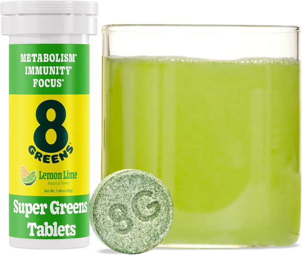 8Greens Daily Greens Effervescent Tablets - Superfood Booster, Energy & Immune Support, Lemon Lime, Pack of 1
