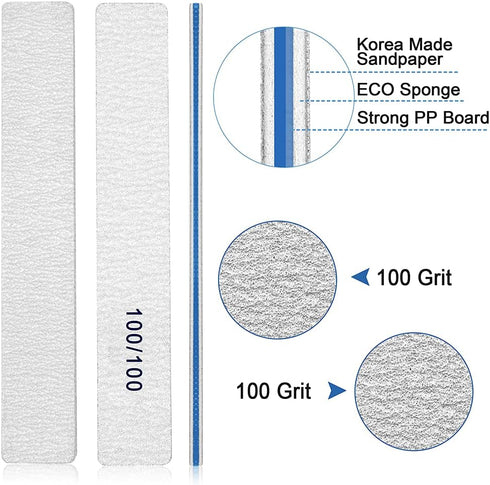 Nail Files for Acrylic Nails, 12 PCS 100/100 Grit Emery Boards, Washable Professional Manicure Tools
