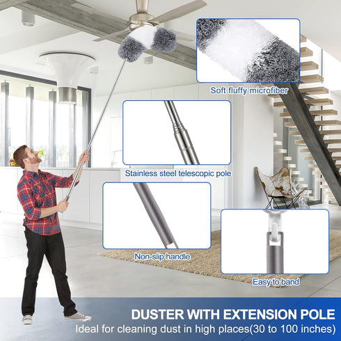 Microfiber Duster Kit (11PCS) - Washable Dusters with Extension Pole (30 to 100 in) for Cleaning Ceilings, Fans, Furniture by DTZERT
