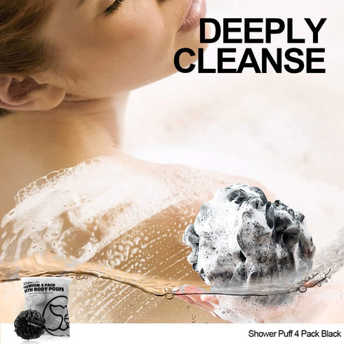 Shower Puff 4 Pack Black Bath Sponge, Shower Loofahs Pouf Ball Nature Bamboo Charcoal Mesh Bulk Puffs, Large Shower