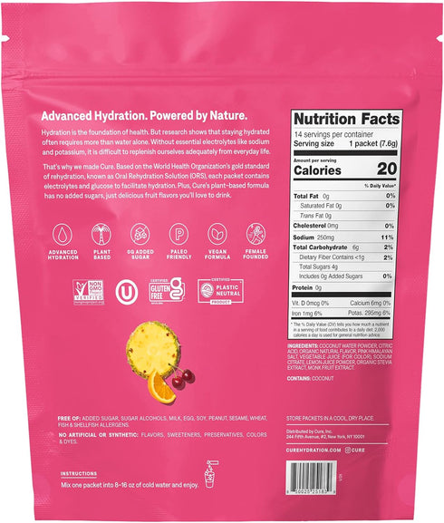 Cure Hydration Tropical Punch Drink Mix, Plant-Based Electrolyte, 14 Packets, No Added Sugar