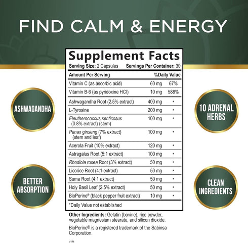 Adrenal Support Supplements & Cortisol Manager with Ashwagandha and 10 Herbs & Nutrients to Support Adrenal Function, Cortisol Health, Energy Levels, Stress & Relaxation Support & Sleep - 60 Capsules