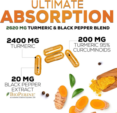 Turmeric Curcumin Supplement with BioPerine, 2600mg with Black Pepper for Best Absorption, 240 Capsules
