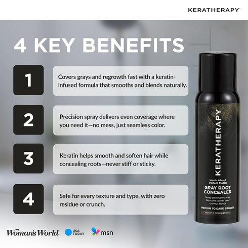 Keratherapy Keratin Infused Perfect Match Gray Root Concealer Spray, Dark Brown, 3 oz, Temporary Scalp Concealer