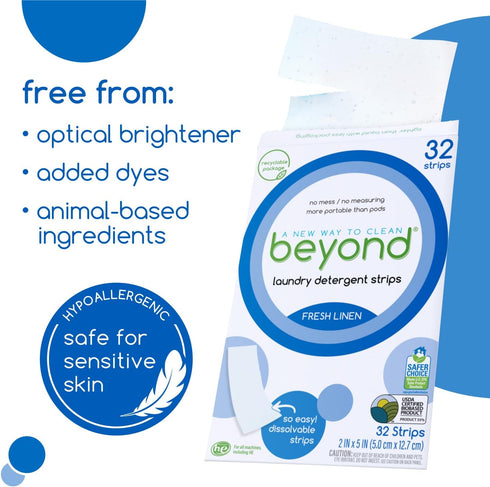 Beyond Laundry Detergent Strips - Fresh Linen, Eco-friendly, Hypoallergenic, 32 Dissolvable Strips
