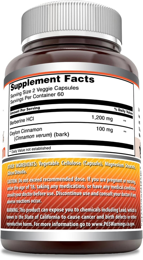 Amazing Formulas Berberine with Pure Ceylon Cinnamon 1200 Mg Per Serving | Premium Complex Supplement | Veggie Capsules | Non-GMO | Gluten Free | Made in USA (1 Pack, 120 Count)