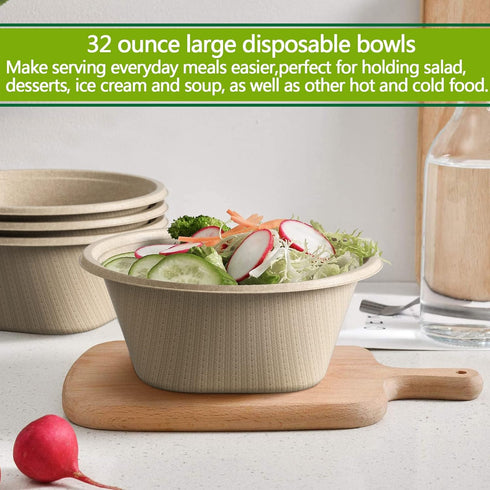 Homestockplus 32 Oz Deep Disposable Paper Bowls, 50 Pack Heavy Duty Compostable Bowls for Soup, Salad, Dessert, Ice