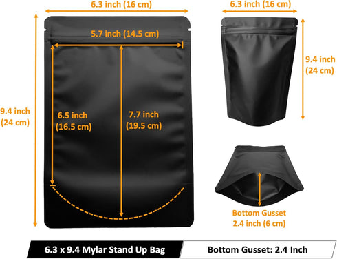 100 Pack Matte Black Mylar Stand Up Bags - 6.3x9.4 Inches Smell Proof Resealable Pouch for Food Storage