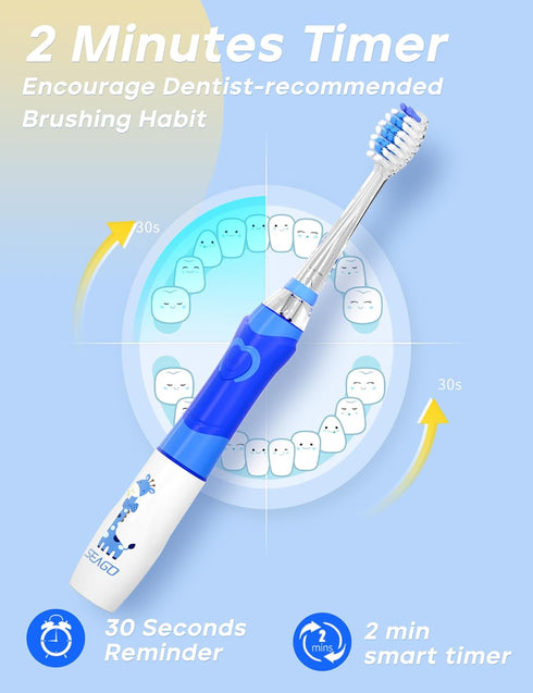 SEAGO Kids Electric Toothbrush with 2 Mins Timer and 8 Replacement Brush Heads, Rainbow LED Light, Blue