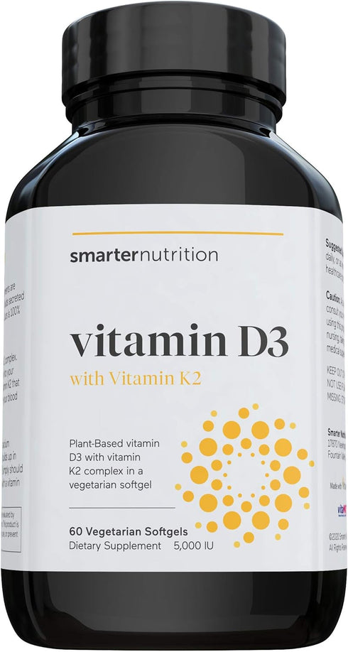 SMARTERNUTRITION Plant-Based Vitamin D3 with Vegan K2-5000 IU for Immune Support, Bone Health, 60 Count