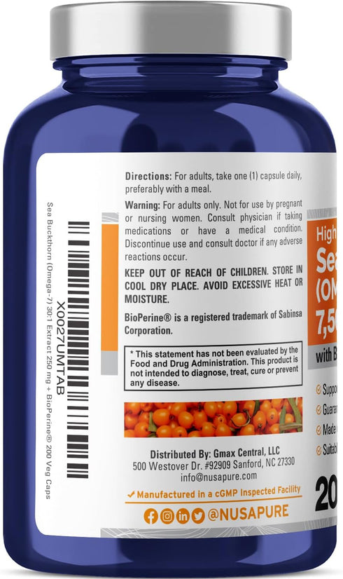 NusaPure Sea Buckthorn Omega-7 7500mg per Veggie Powder Caps - 200 Count Non-GMO & Vegan Extract 30:1