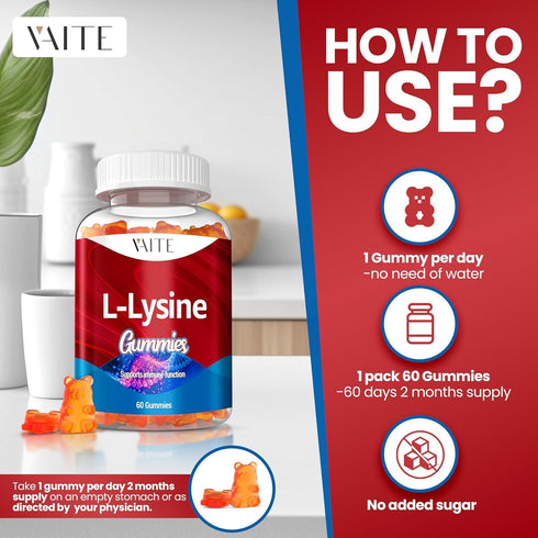 L-Lysine 1000mg Gummies, Vegan, Gluten Free, Chewables for Kids & Adults, Supports Skin, Lip, Tissue Health & Immune