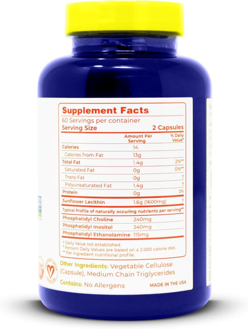 100% All-Natural Sunflower Lecithin Capsules - 120 Count - Rich in Phosphatidyl Choline, Non-GMO, Vegan