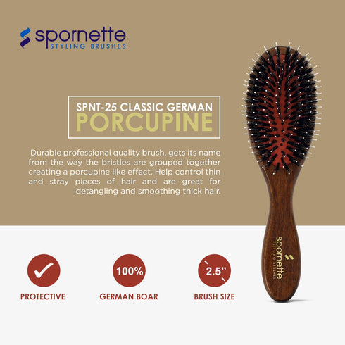 Spornette Boar Bristle Hair Brush for Women, Porcupine Brush for Detangling, Straightening & Smoothing