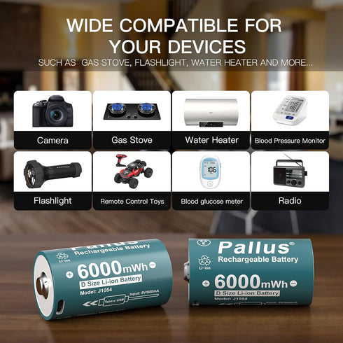 Pallus 4 1 4 Pack 1.5V LR20 6000mWh 1600x Rechargeable Lithium D Batteries with in USB-C Charge Cable, D Size Li-ion