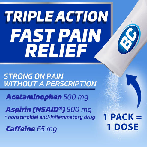 BC MAX Strength Fast Pain Relief Powder, 16 Count Lemonade Flavor Aspirin 500mg and Acetaminophen 500mg Dissolve