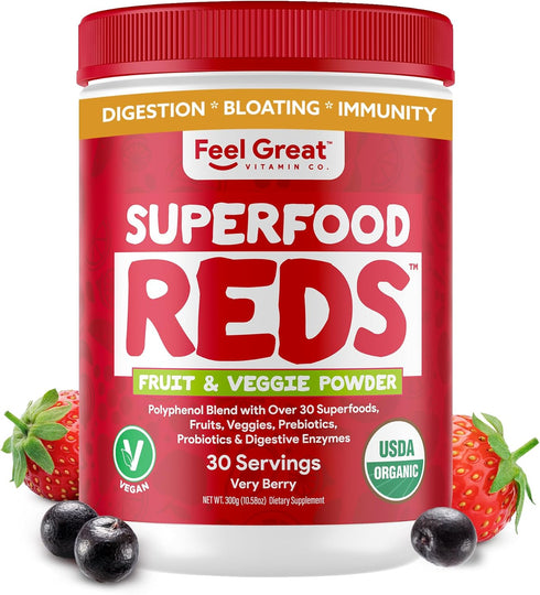 Feel Great Organic Superfood Reds Powder with Beet Root Powder, Digestive Support and Bloating Relief