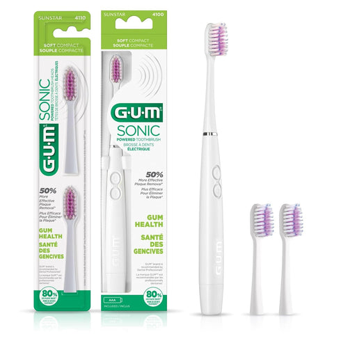 GUM Sonic Powered Toothbrush, Tapered Bristles Clean Below The Gumline, Bundle, White, 1 Handle + 2 Refills