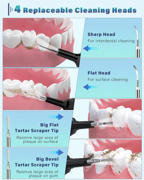 Plaque Remover Dental Cleaning Kit, Rechargeable Tartar Remover with LED Light & 5 Modes, 4 Replaceable Heads