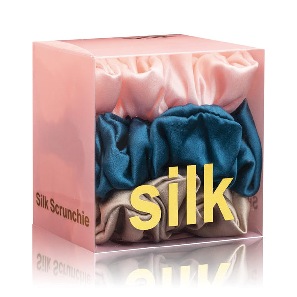 Silk Scrunchies for Hair, 100% Mulberry Silk Hair Ties, 3 Pack (Pink, Peacock Blue, Apricot)