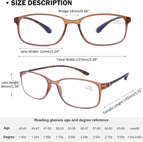 AQWANO 4-Pack Reading Glasses for Men and Women 2.0, Blue Light Blocking, Lightweight TR90 Flexible Frame Readers